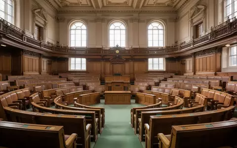 Leere Sitzreihen im Plenarsaal des nordirischen Parlaments mit hölzernen Bänken und traditioneller Architektur. - Foto: über boerse-global.de