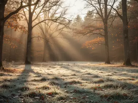 Ein sonnendurchfluteter Wald im Spätherbst mit tiefstehender Sonne und langen Schatten auf einer frostigen Wiese. - Foto: über boerse-global.de
