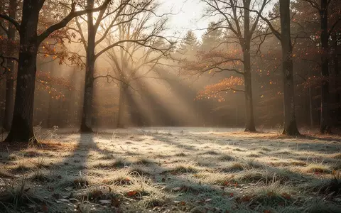 Ein sonnendurchfluteter Wald im Spätherbst mit tiefstehender Sonne und langen Schatten auf einer frostigen Wiese. - Foto: über boerse-global.de