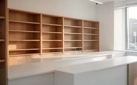 Ein minimalistischer Apothekenbereich mit leeren Holzregalen in hellem, natürlichem Licht. - Foto: über boerse-global.de