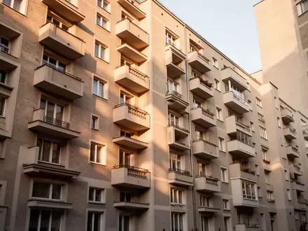 Fassade eines Wiener Gemeindebaus mit klaren architektonischen Strukturen und geometrischen Balkonen bei Tageslicht. - Foto: über boerse-global.de