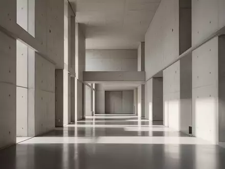 Ein minimalistischer, lichtdurchfluteter moderner Innenraum mit Betonwänden und langen Schatten in einer ruhigen Architektur. - Foto: über boerse-global.de