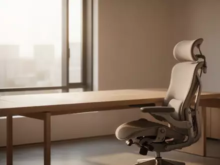 Ein minimalistischer, moderner Arbeitsplatz mit natĂŒrlichem Licht, einem leeren Schreibtisch und einem ergonomischen Stuhl. - Foto: ĂŒber boerse-global.de