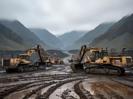 Ein stillgelegtes Bergbaugelände in einer bergigen Landschaft mit schwerem Gerät unter bewölktem Himmel. - Foto: über boerse-global.de