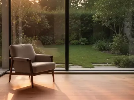 Ein ruhiger, minimalistischer Wohnraum mit einem Sessel vor einem Fenster mit Blick in einen grünen Garten. - Foto: über boerse-global.de