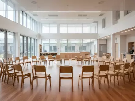Ein heller, minimalistisch gestalteter Raum einer Bildungseinrichtung mit einem Stuhlkreis aus Holzstühlen und hellem Tageslicht. - Foto: über boerse-global.de