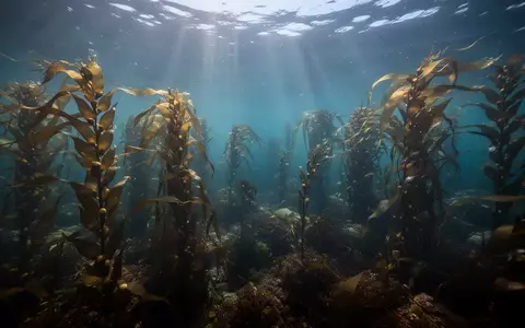 Unterwasseraufnahme eines Kelpwaldes mit sonnendurchfluteten Algensträngen, die in der Meeresströmung treiben. - Foto: über boerse-global.de