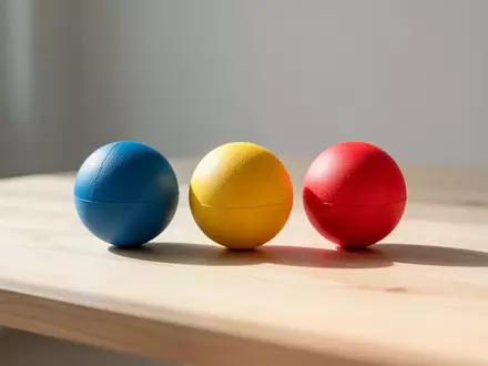 Drei bunte Jonglierbälle auf einer hellen Holzoberfläche in einem minimalistischen, hellen Raum. - Foto: über boerse-global.de