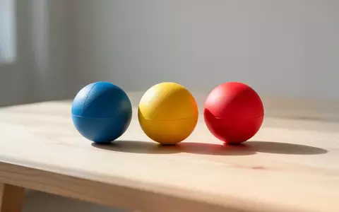 Drei bunte Jonglierbälle auf einer hellen Holzoberfläche in einem minimalistischen, hellen Raum. - Foto: über boerse-global.de