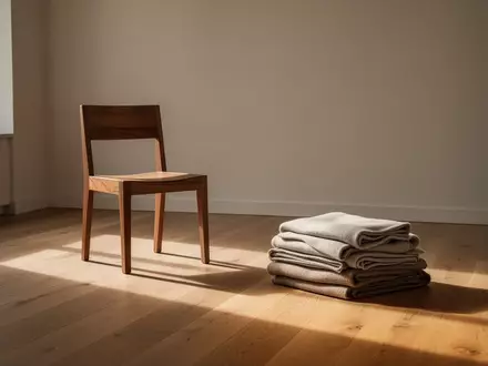 Ein minimalistisch eingerichteter Raum mit einem leeren Stuhl und sauber gefalteter Kleidung auf einem Holzboden. - Foto: über boerse-global.de