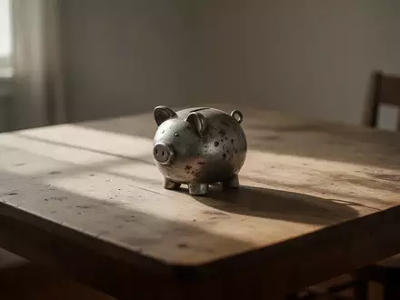 Ein einsames Sparschwein steht auf einem schlichten Holztisch in einem sonnendurchfluteten Raum. - Foto: über boerse-global.de