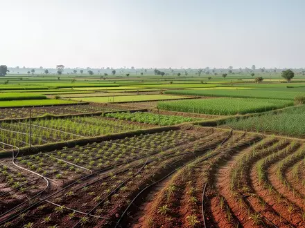 Weitläufige, abwechslungsreiche Agrarlandschaft mit verschiedenen Feldern und Anbauflächen unter natürlichem Tageslicht. - Foto: über boerse-global.de