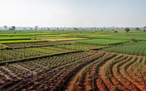 Weitläufige, abwechslungsreiche Agrarlandschaft mit verschiedenen Feldern und Anbauflächen unter natürlichem Tageslicht. - Foto: über boerse-global.de
