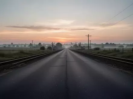 Ein unbeschrankter Bahnübergang mit dunklen Gleisen in einer ländlichen Umgebung bei Dämmerung. - Foto: über boerse-global.de