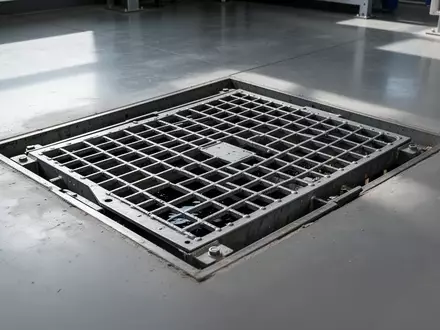 Industrielle Abwasserentsorgung mit einem robusten Metallgitter in einem betonversiegelten Bodenbereich. - Foto: über boerse-global.de