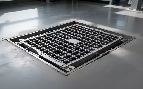 Industrielle Abwasserentsorgung mit einem robusten Metallgitter in einem betonversiegelten Bodenbereich. - Foto: über boerse-global.de