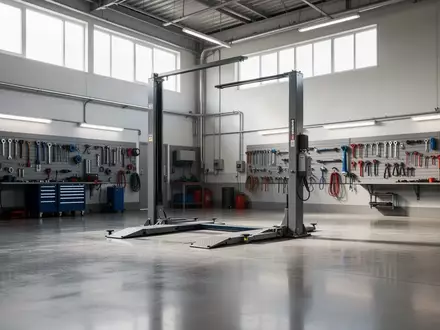 Leere, aufgeräumte Kfz-Werkstatt mit einer Hebebühne in einer hellen Industriehalle. - Foto: über boerse-global.de