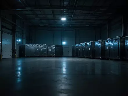 Leere Industriehalle bei Nacht mit großen, dunklen Kühlanlagen im Hintergrund. - Foto: über boerse-global.de