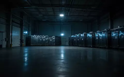 Leere Industriehalle bei Nacht mit großen, dunklen Kühlanlagen im Hintergrund. - Foto: über boerse-global.de