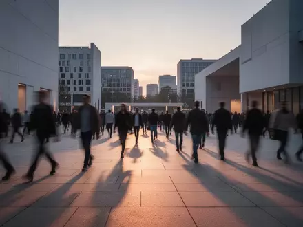 Eine belebte, verschwommene Menschenmenge auf einem öffentlichen Stadtplatz in der Dämmerung. - Foto: über boerse-global.de