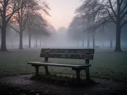 Eine einsame Parkbank im morgendlichen Nebel als Symbol für Stille und Reflexion. - Foto: über boerse-global.de