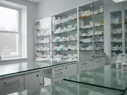Innenansicht einer modernen, hellen Apotheke mit geordneten Regalen und steriler Arbeitsumgebung. - Foto: über boerse-global.de