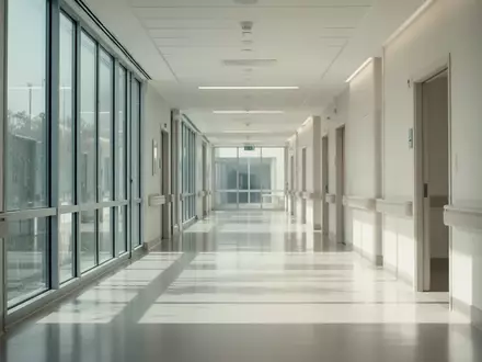 Moderner, heller Krankenhausflur mit minimalistischer Architektur und natürlichem Lichteinfall. - Foto: über boerse-global.de
