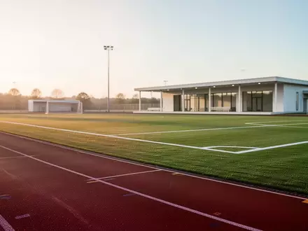 Ein leerer, moderner Sportplatz mit Laufbahn und Rasenfläche im sanften Morgenlicht. - Foto: über boerse-global.de