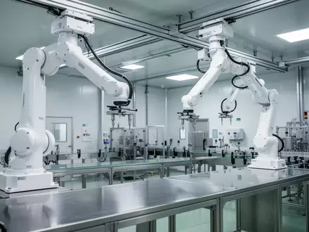 Hochmoderner Reinraum in einer pharmazeutischen Produktionsanlage mit automatisierten Robotersystemen und Edelstahloberflächen. - Foto: über boerse-global.de