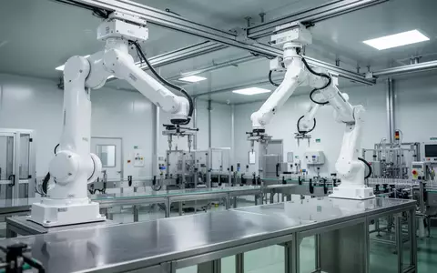 Hochmoderner Reinraum in einer pharmazeutischen Produktionsanlage mit automatisierten Robotersystemen und Edelstahloberflächen. - Foto: über boerse-global.de