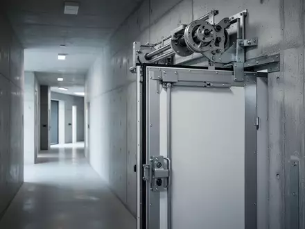 Eine leicht geöffnete Brandschutztür in einem modernen Flur mit Fokus auf den Schließmechanismus. - Foto: über boerse-global.de