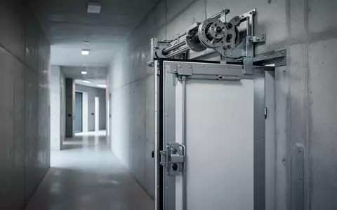 Eine leicht geöffnete Brandschutztür in einem modernen Flur mit Fokus auf den Schließmechanismus. - Foto: über boerse-global.de
