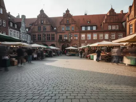 Belebter, verschwommener Marktplatz in einer Kleinstadt mit historischer Architektur bei Tageslicht. - Foto: über boerse-global.de