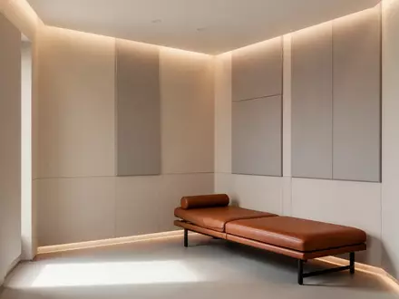 Ein minimalistischer, ruhig gestalteter Klinikraum mit gedämpftem Licht und einer bequemen Liegegelegenheit. - Foto: über boerse-global.de