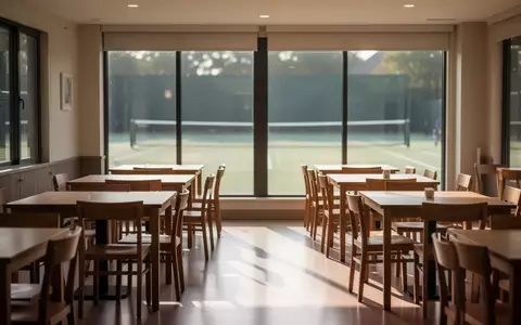 Ein leerer Gastraum in einem Vereinsheim mit Holztischen und Stühlen vor großen Fensterfronten mit Blick auf eine Tennisanlage. - Foto: über boerse-global.de