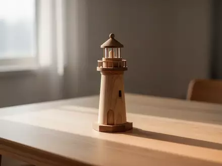 Ein minimalistisches Holzmodell eines Leuchtturms auf einem hellen Holztisch in einer ruhigen, lichtdurchfluteten Umgebung. - Foto: über boerse-global.de