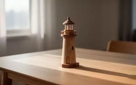 Ein minimalistisches Holzmodell eines Leuchtturms auf einem hellen Holztisch in einer ruhigen, lichtdurchfluteten Umgebung. - Foto: über boerse-global.de