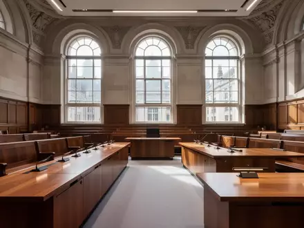Ein leerer parlamentarischer Ausschusssaal mit Holztischen und hohen Fenstern in einem historischen Gebäude in London. - Foto: über boerse-global.de