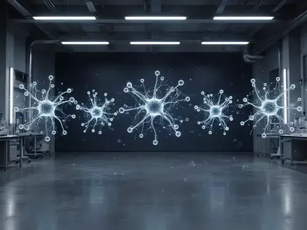 Abstrakte, leuchtende neuronale Netzwerkknoten in einem minimalistischen, modernen Laborraum. - Foto: über boerse-global.de