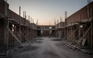 Eine halbfertige Baustelle mit Ziegelmauern und Baugerüst in der Dämmerung als Symbol für die wirtschaftliche Lage im Handwerk. - Foto: über boerse-global.de