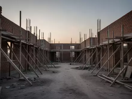 Eine halbfertige Baustelle mit Ziegelmauern und Baugerüst in der Dämmerung als Symbol für die wirtschaftliche Lage im Handwerk. - Foto: über boerse-global.de