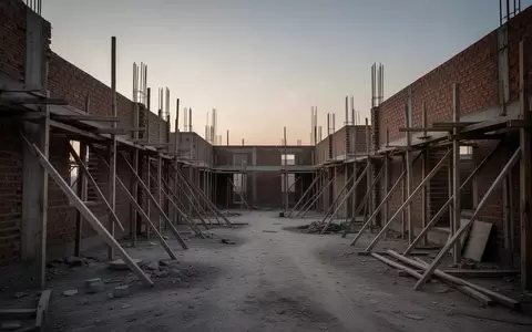 Eine halbfertige Baustelle mit Ziegelmauern und Baugerüst in der Dämmerung als Symbol für die wirtschaftliche Lage im Handwerk. - Foto: über boerse-global.de