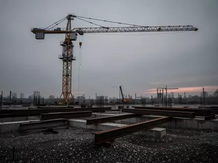 Eine verlassene Baustelle mit einem Baukran und Stahlträgern auf dem Boden bei trübem Licht. - Foto: über boerse-global.de