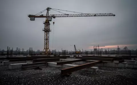 Eine verlassene Baustelle mit einem Baukran und Stahlträgern auf dem Boden bei trübem Licht. - Foto: über boerse-global.de
