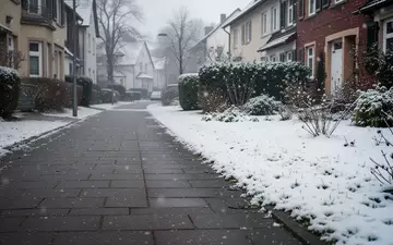 Ein verschneiter Gehweg in einer Wohngegend an einem frühen Wintermorgen ohne Personen. - Foto: über boerse-global.de