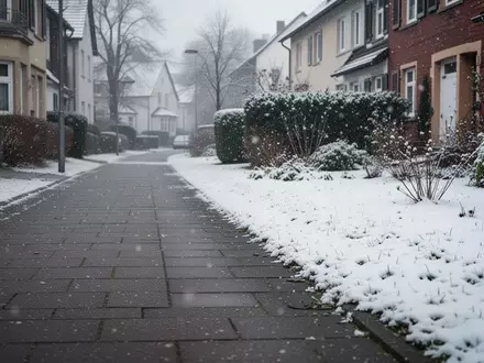 Ein verschneiter Gehweg in einer Wohngegend an einem frühen Wintermorgen ohne Personen. - Foto: über boerse-global.de