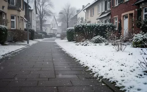 Ein verschneiter Gehweg in einer Wohngegend an einem frühen Wintermorgen ohne Personen. - Foto: über boerse-global.de