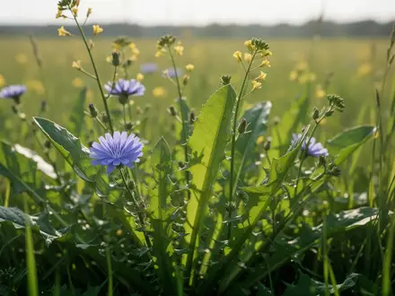 Nahaufnahme von wilden Wegwarten und Senfpflanzen auf einer sonnigen Wiese. - Foto: über boerse-global.de