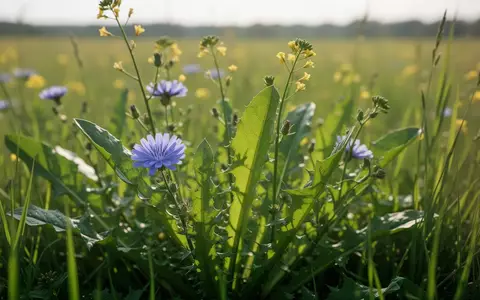 Nahaufnahme von wilden Wegwarten und Senfpflanzen auf einer sonnigen Wiese. - Foto: über boerse-global.de