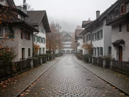 Eine menschenleere, ruhige Wohnstrasse in einer Schweizer Kleinstadt an einem trüben Nachmittag. - Foto: über boerse-global.de